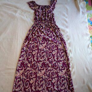 Pink Flowers Printed Elastic Waist Silk Polyester Maxi Dress Sz M Sleeveless EUC
